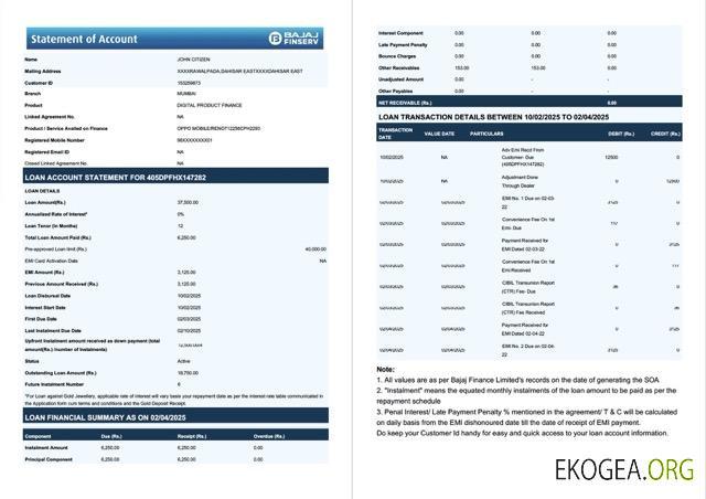 Inde Bajaj Finserv relevé de compte Modèle Word et PDF, 2 pages